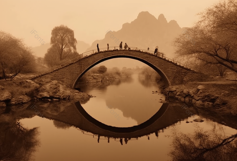 古老的石桥平静的湖面倒影古桥远处山水背景旧照片风格图像摄影,高清,摄影图,摄影图片,图片大全,摄影图免费下载
